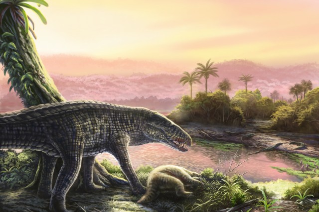 Illustration of a long-legged crocodile-looking reptile looks at a mammal carcass on an ancient tropical islands 